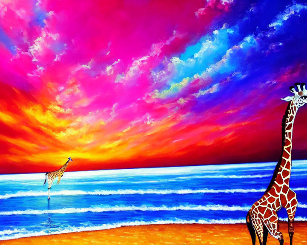 Colorful Sunset Sky Painting Featuring Two Giraffes by the Sea