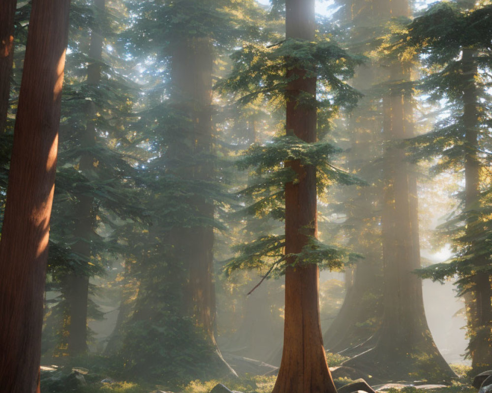 Sunlight filtering through dense forest, illuminating towering trees and moss-covered ground.