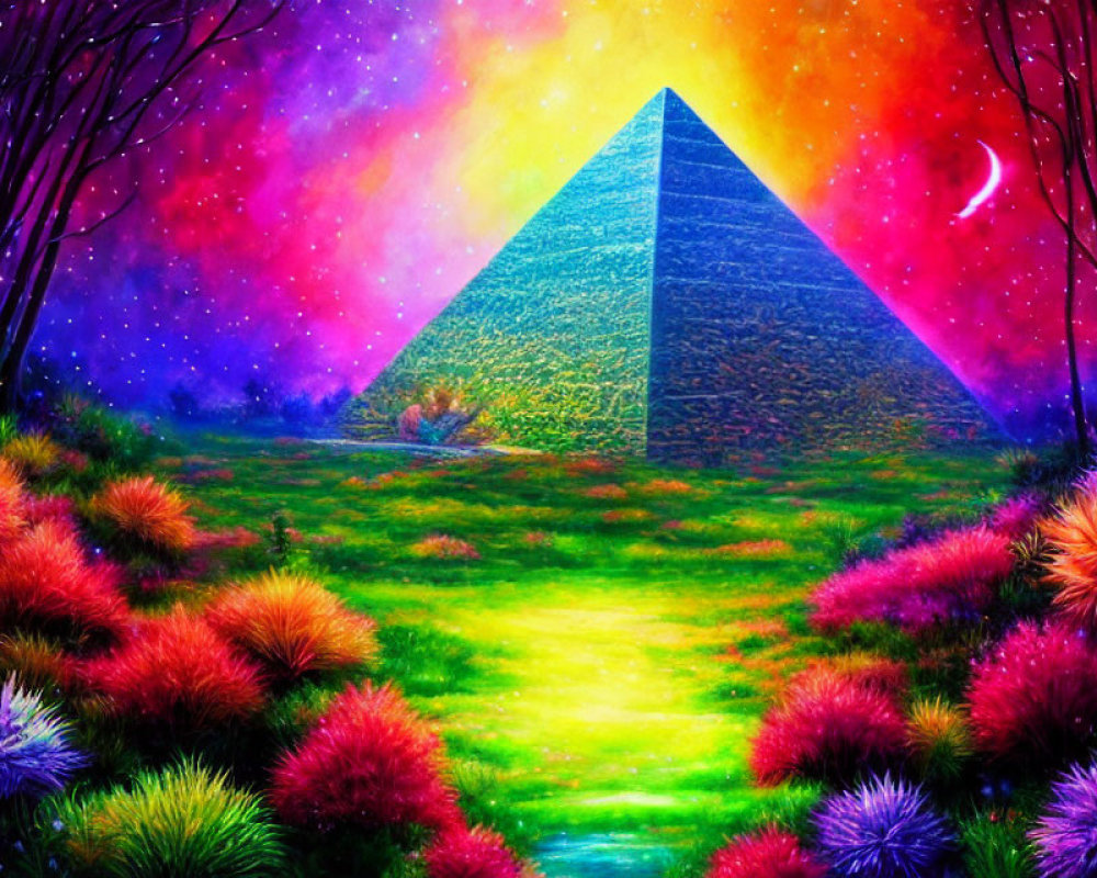 Colorful Fantasy Landscape with Pyramid and Fluorescent Flora