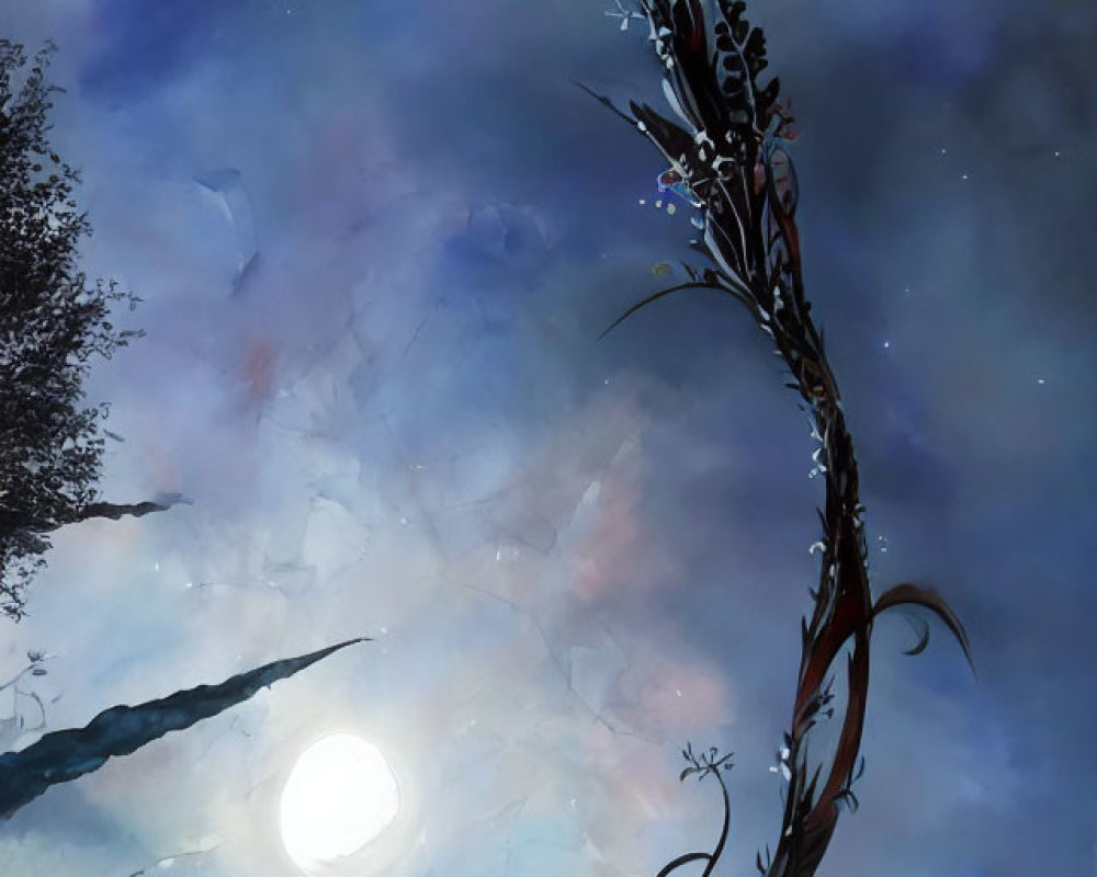 Illustration of twisted tree under bright moon in cloudy night sky