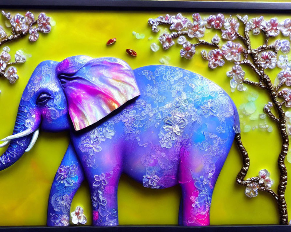 Vibrant elephant art with floral motifs on yellow background in black frame