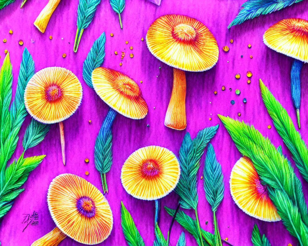 Colorful Mushroom and Leaf Illustration on Textured Purple Background