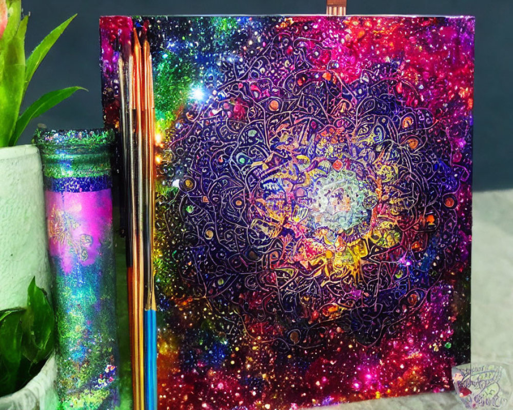 Colorful Glittery Mandala Painting with Notebook and Brushes