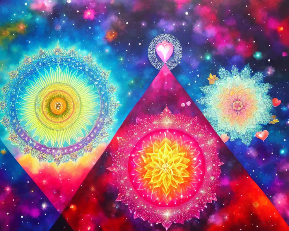 Colorful cosmic background with pink triangle mandala and floating hearts.