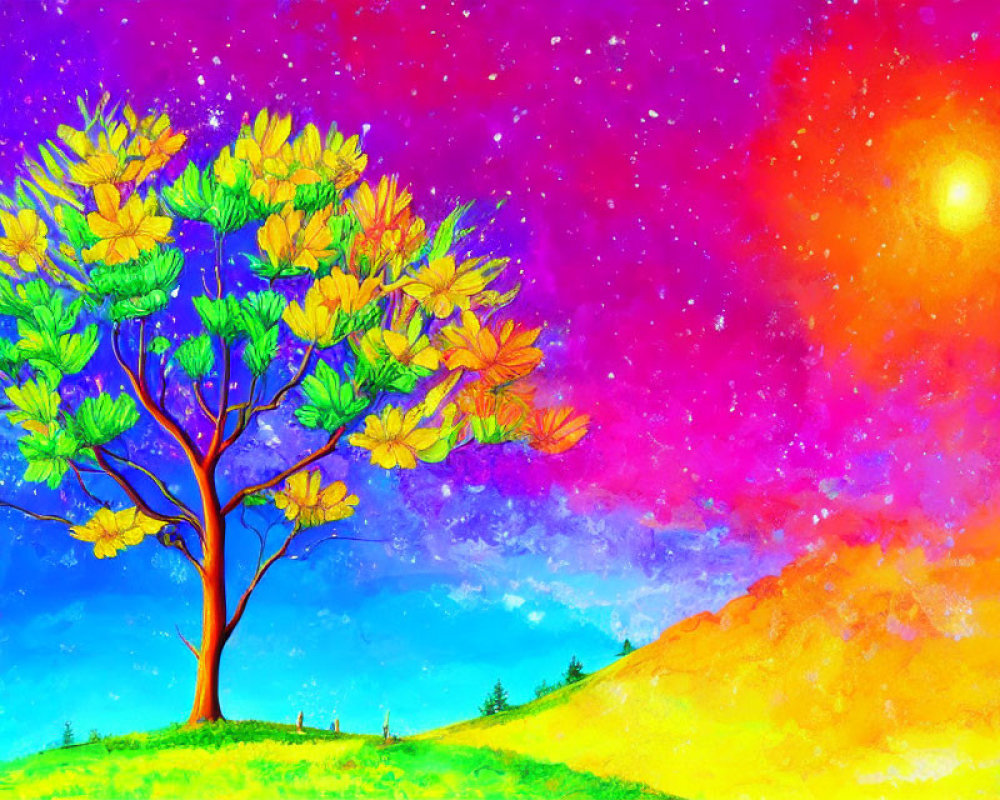 Colorful tree with yellow leaves under starry sky and sun-kissed hill