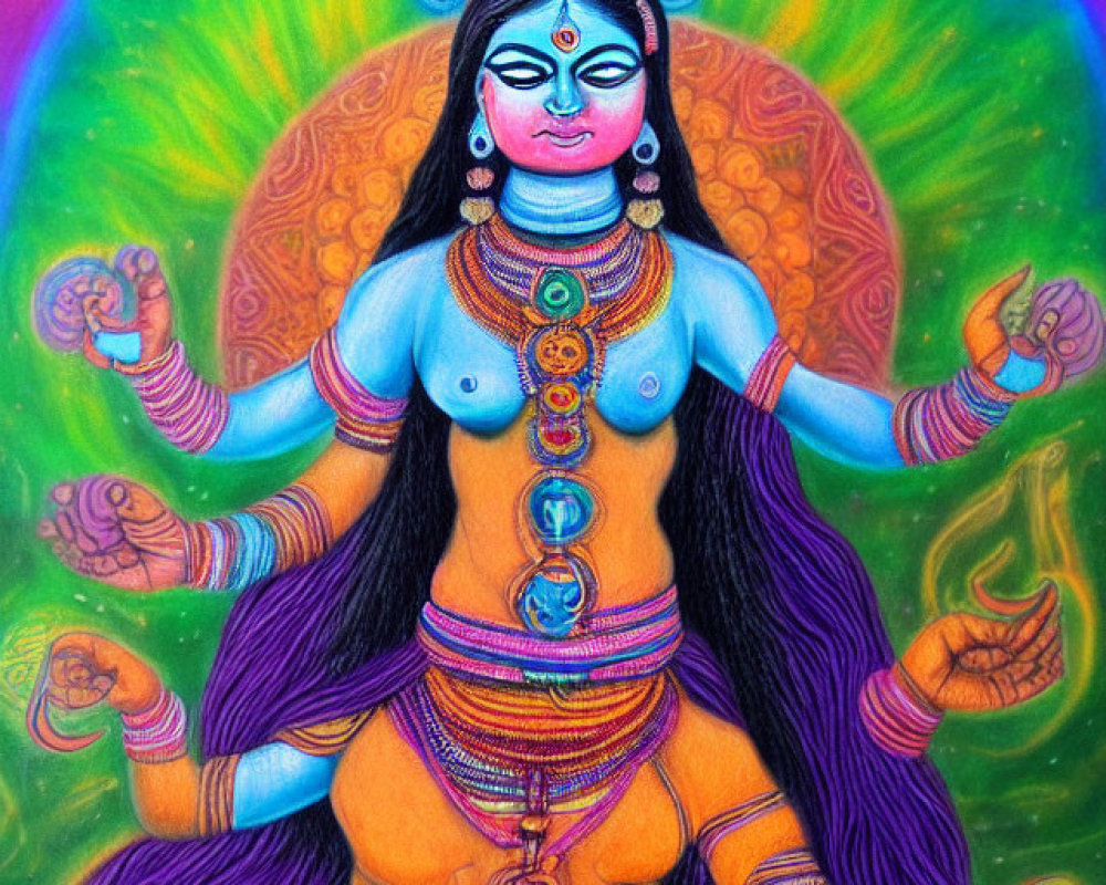 Colorful multi-armed deity with blue skin in radiant circular backdrop