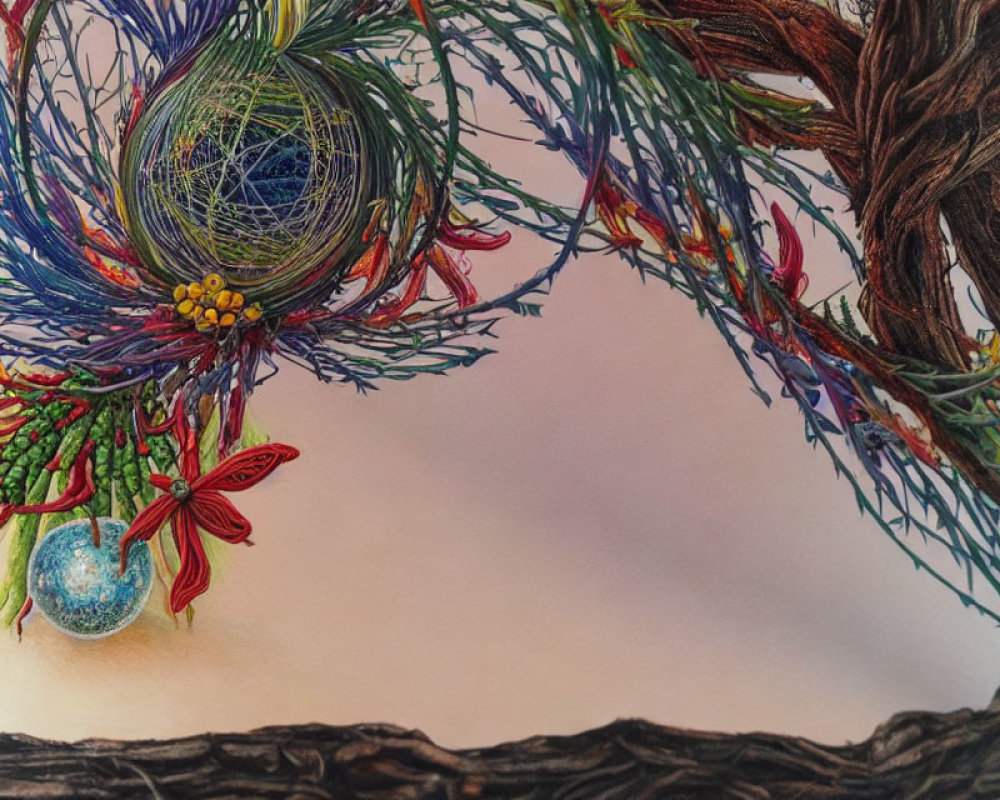 Colorful Fiber Artwork: Intertwined Branches & Nest Structure