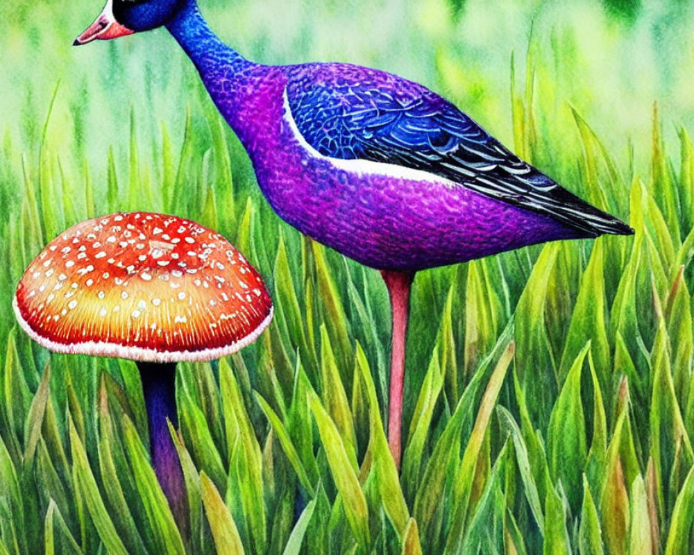 Colorful painting of purple duck and red-capped mushroom in grass