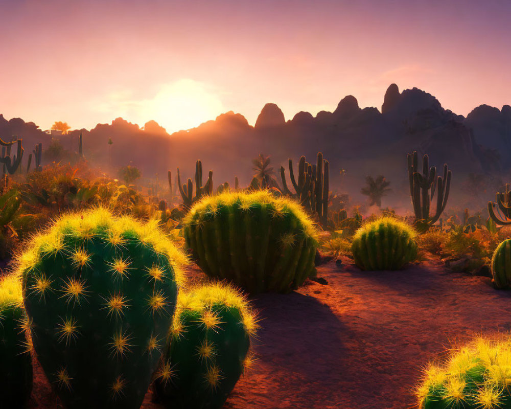 Sunrise Desert Landscape with Cacti and Mountains