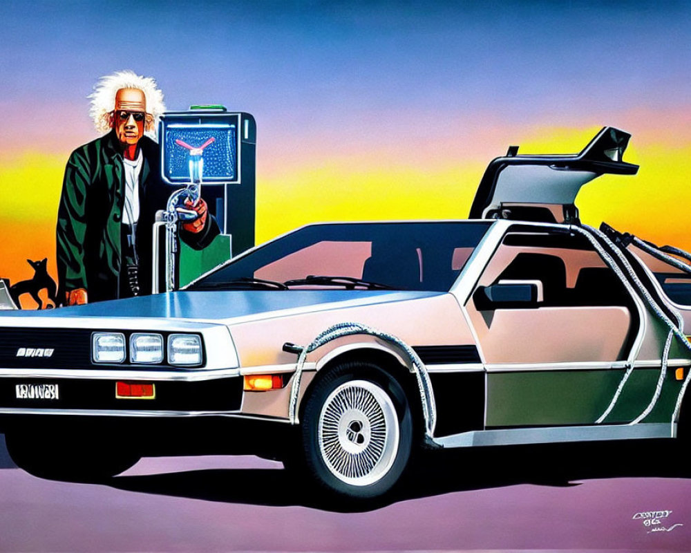 Illustration of man with wild white hair in lab coat next to open gull-wing DeLorean