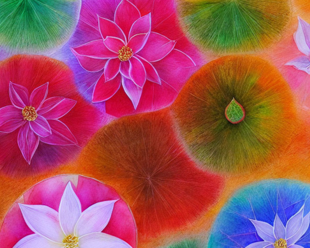 Colorful Circular Patterns and Flowers in Red, Orange, Green, Blue, Purple