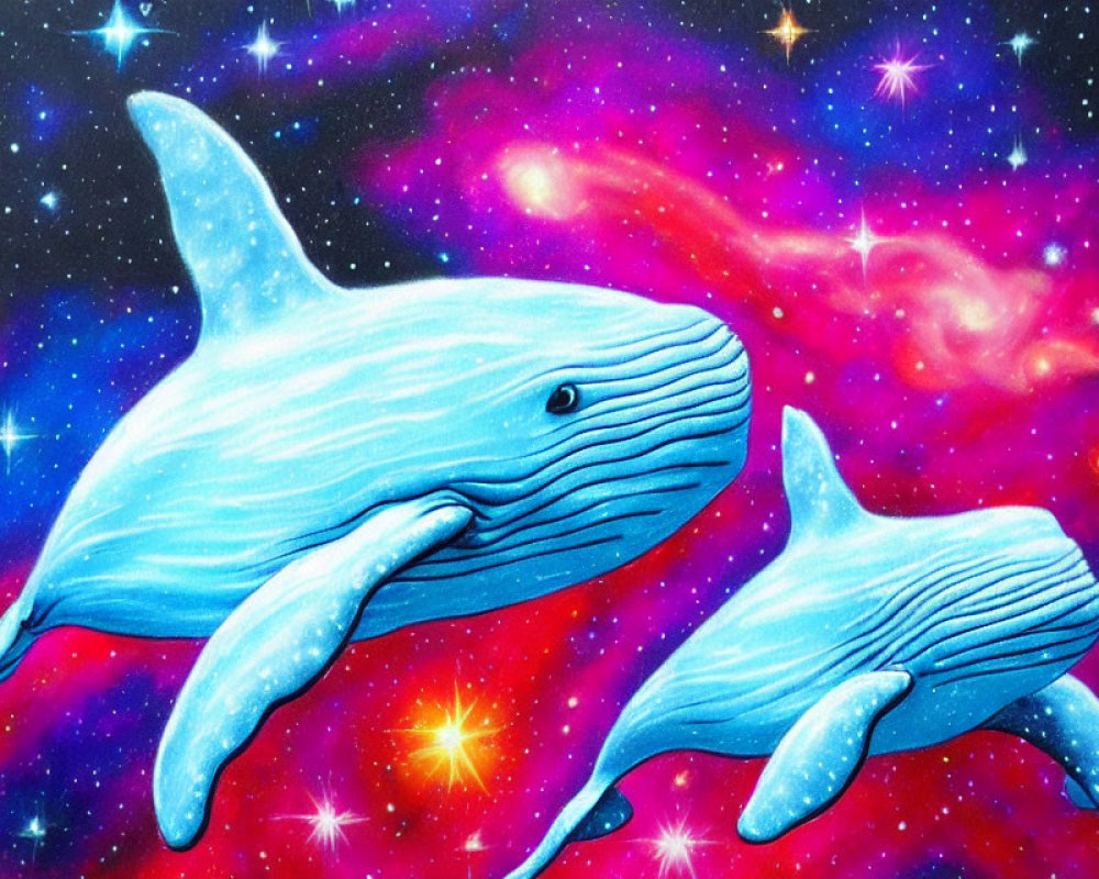 Illustrated blue whales in cosmic space with stars and nebulae