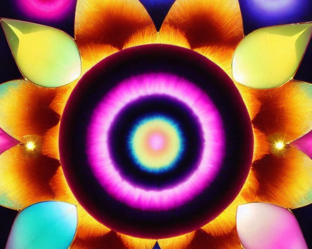 Colorful Symmetrical Kaleidoscopic Pattern with Purple Ring and Radiant Petals