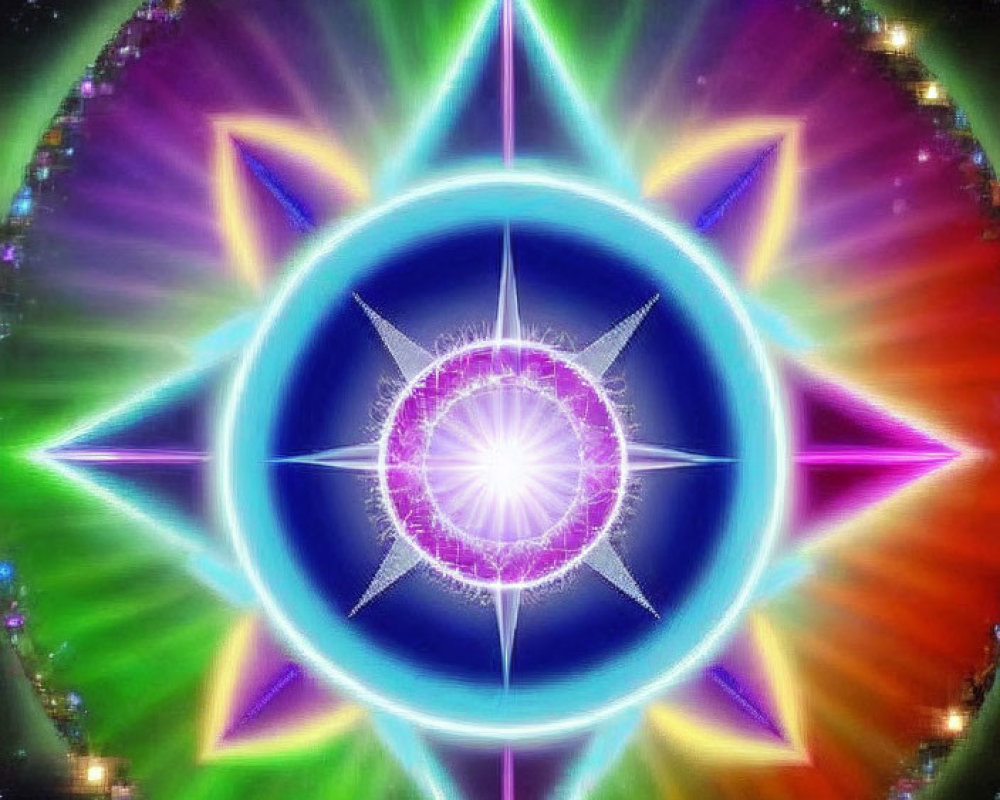 Colorful digital artwork: Luminous compass star on cosmic backdrop