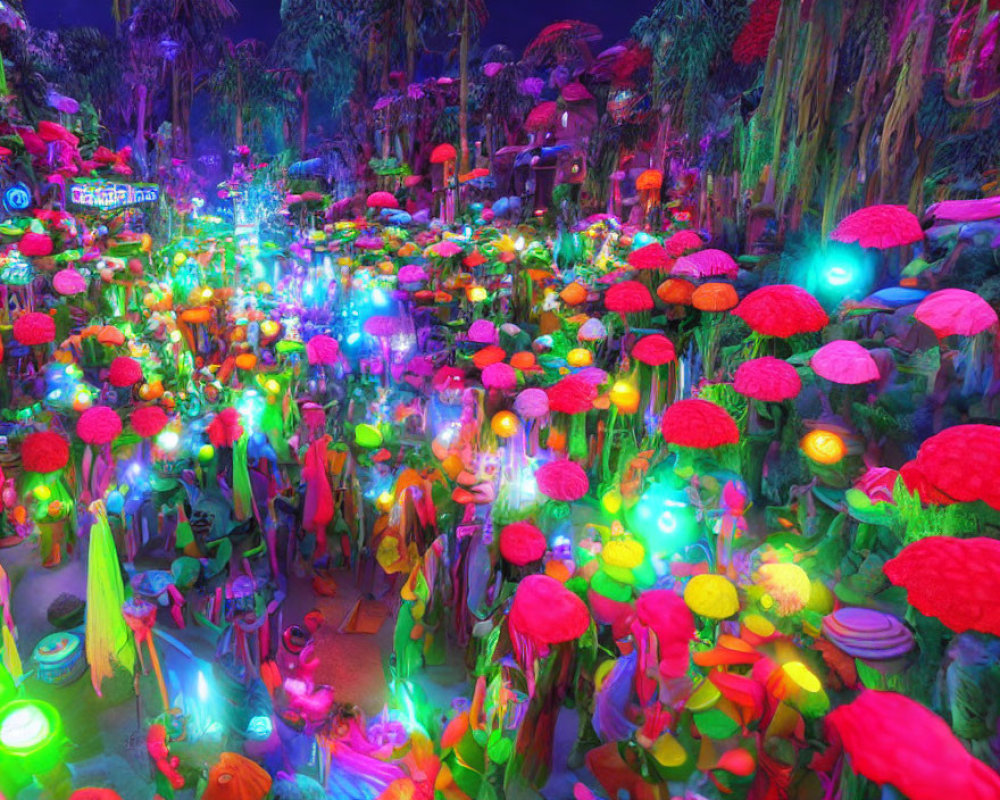 Vibrant garden with neon lights and glowing mushrooms at night