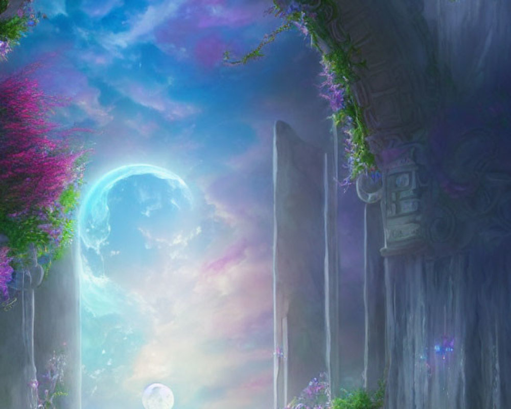 Purple Flower Archway Frames Surreal Moonlit Landscape