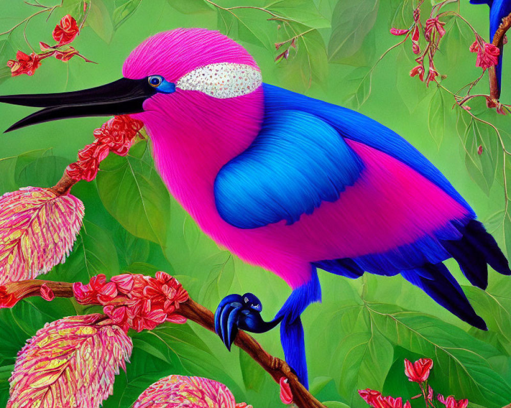 Colorful Bird Illustration Perched on Branch Among Flowers