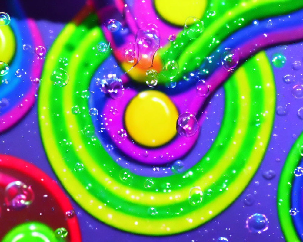 Colorful concentric circles with water droplets on vibrant surface