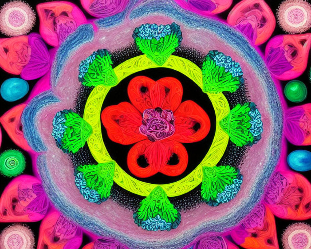 Symmetrical Floral and Geometric Digital Art in Vibrant Pink, Green, and Blue