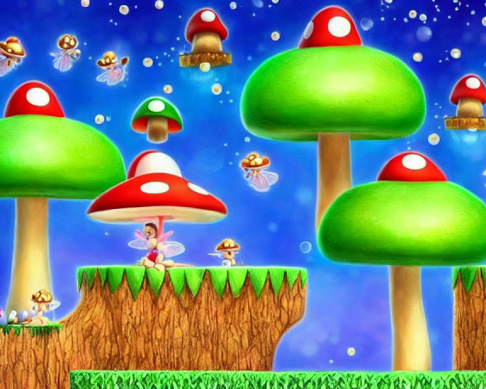 Colorful Mushroom Landscape with Flying Characters in Bright Sky