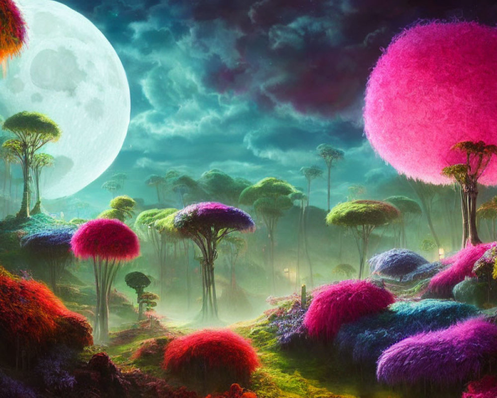 Luminescent trees and colorful foliage in a fantasy landscape