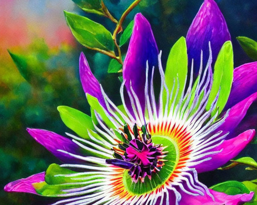 Colorful Passion Flower Painting with Purple Petals and Multicolored Center