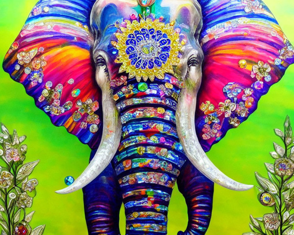 Vibrant Elephant Artwork with Butterfly Wings on Green Floral Background