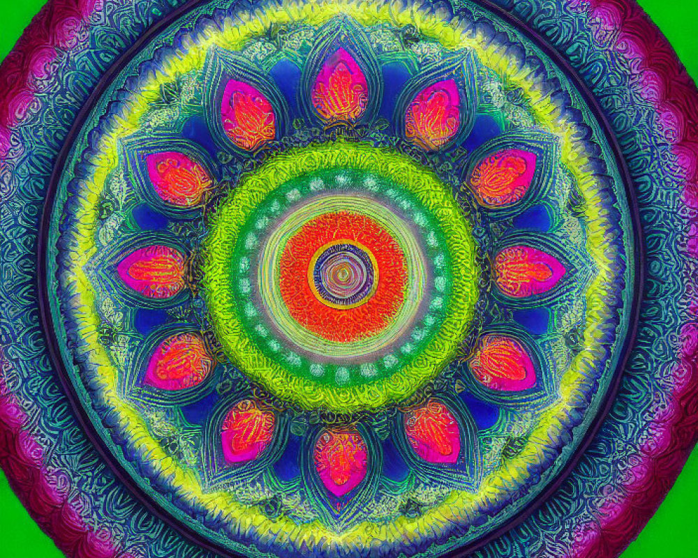 Colorful Mandala Design with Intricate Patterns on Lime Green Background