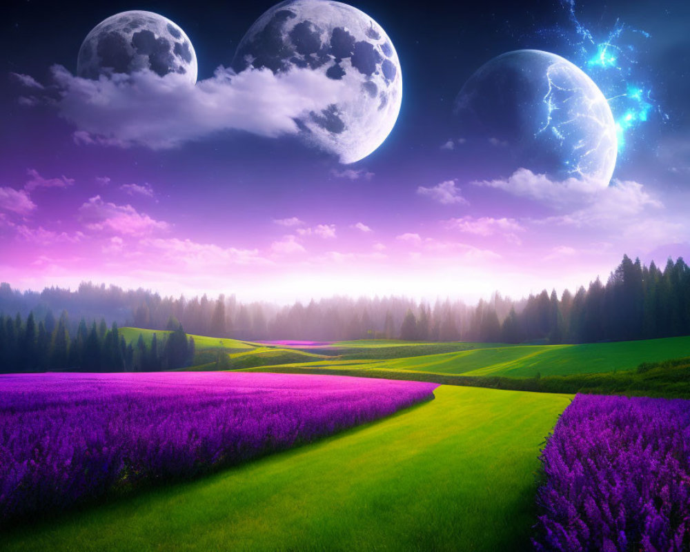 Vibrant purple fantasy landscape with two moons and twilight forest