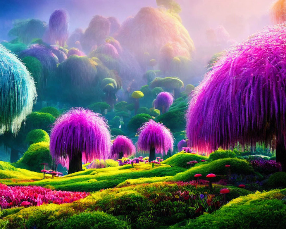 Colorful Fantasy Landscape with Whimsical Flora and Vibrant Trees