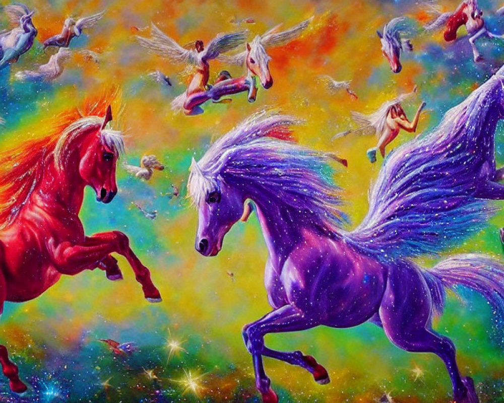 Colorful Artwork: Mythical Horses and Flying Figures in Cosmic Setting