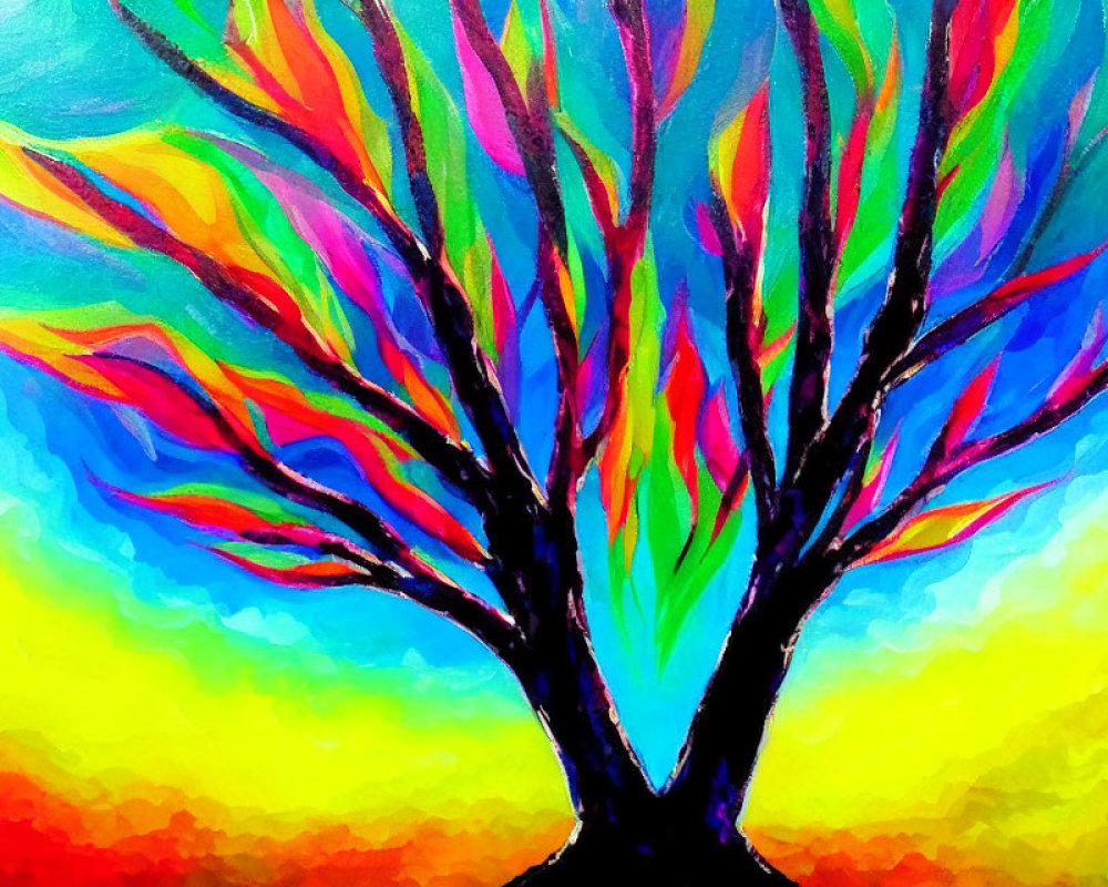 Colorful Abstract Tree Painting with Rainbow Leaves on Yellow and Blue Background