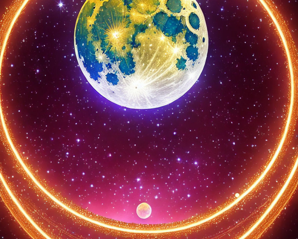 Colorful moon in starry space with golden rings