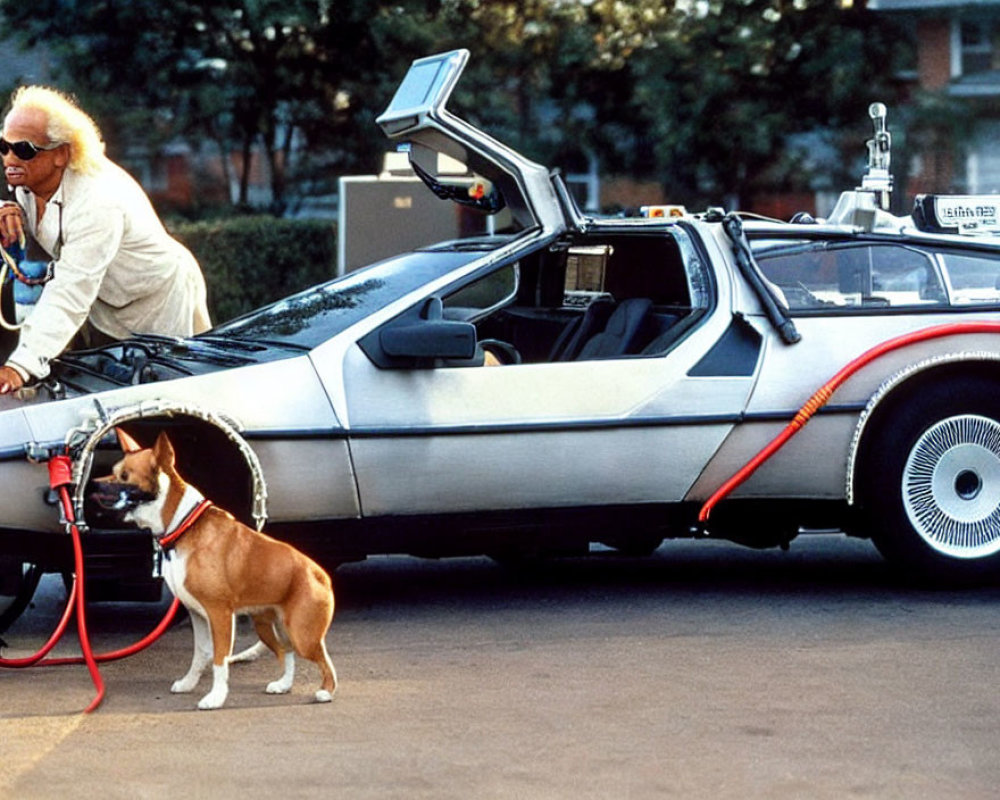 White-haired man fuels futuristic DeLorean car with small dog watching