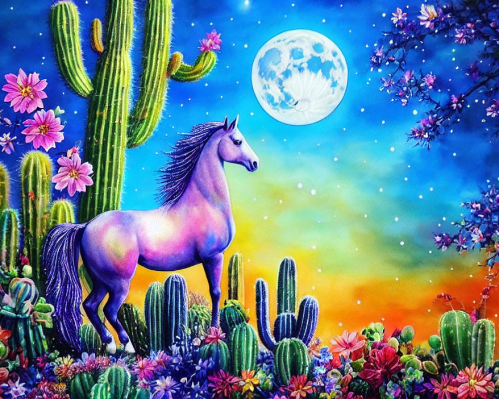 Colorful Horse Painting in Desert with Cacti and Full Moon