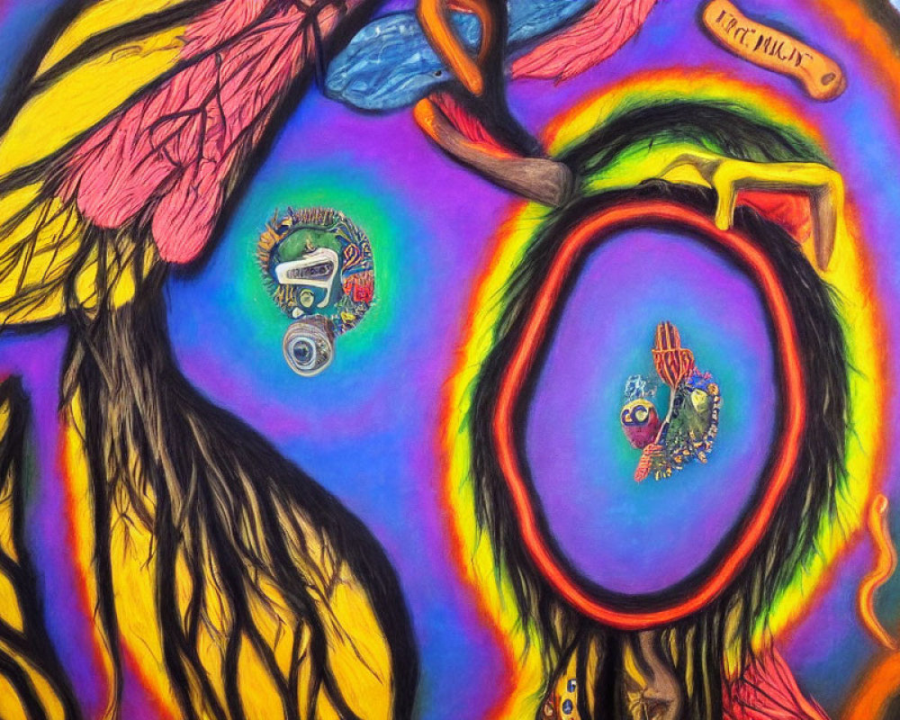 Colorful Psychedelic Artwork with Apple, Fish, Hand, and Text Bubbles