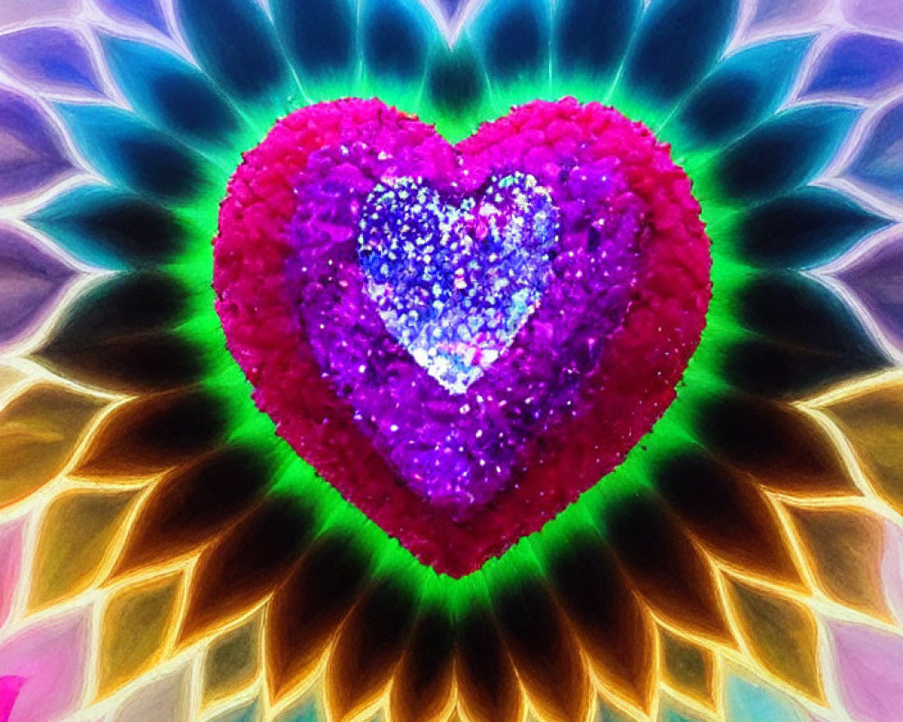 Colorful Psychedelic Heart Image with Sparkling Textures and Symmetrical Patterns