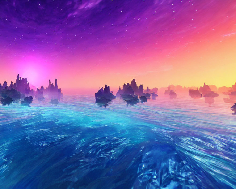 Vivid digital seascape with purple and pink sky hues reflecting on choppy ocean waters