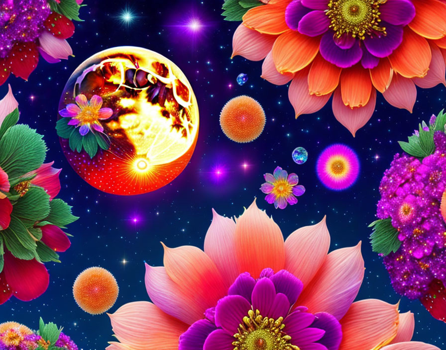 Fiery planet surrounded by bright flowers and stars in cosmic scene
