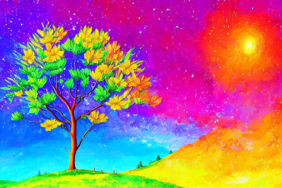 Colorful tree with yellow leaves under starry sky and sun-kissed hill