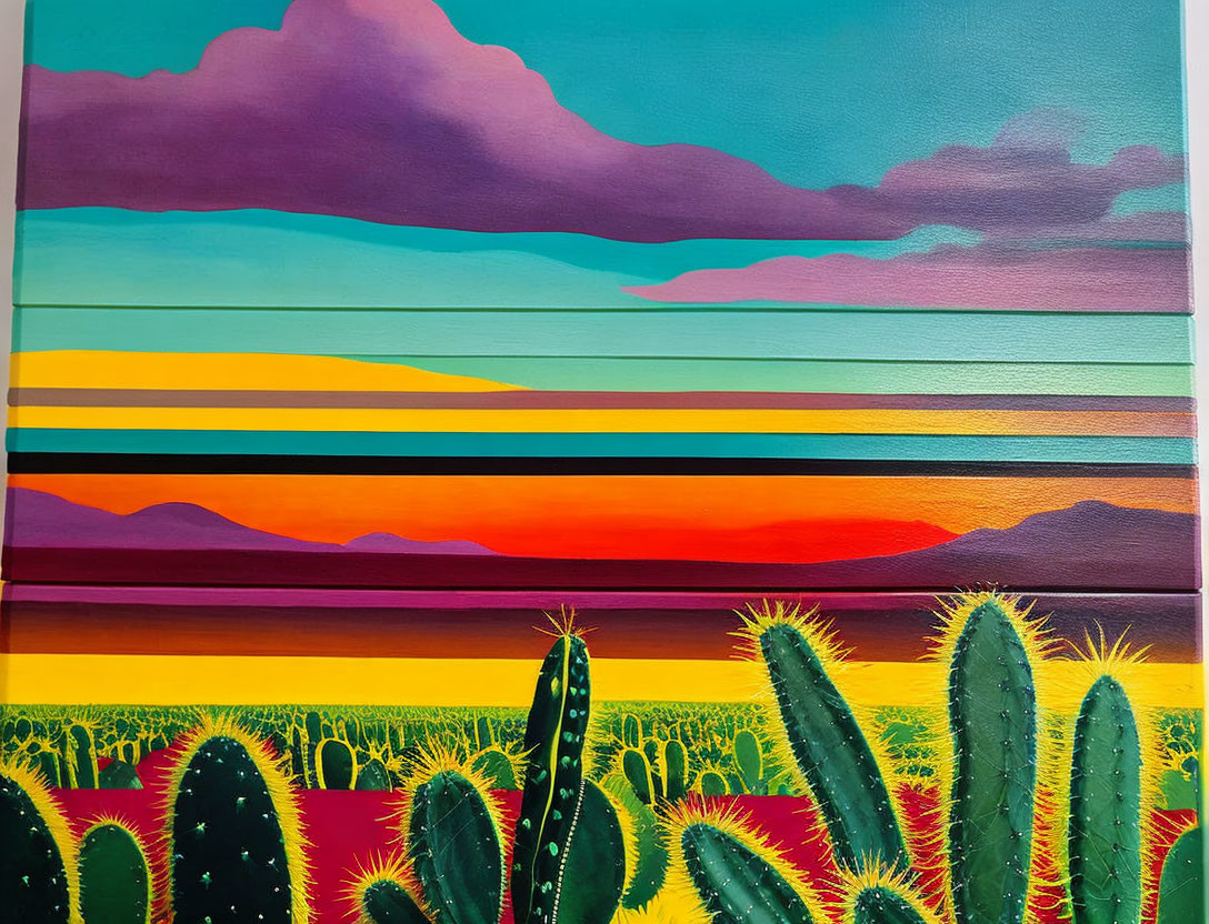 Vibrant painting of horizontal landscape layers with sunset sky, mountains, and cacti.