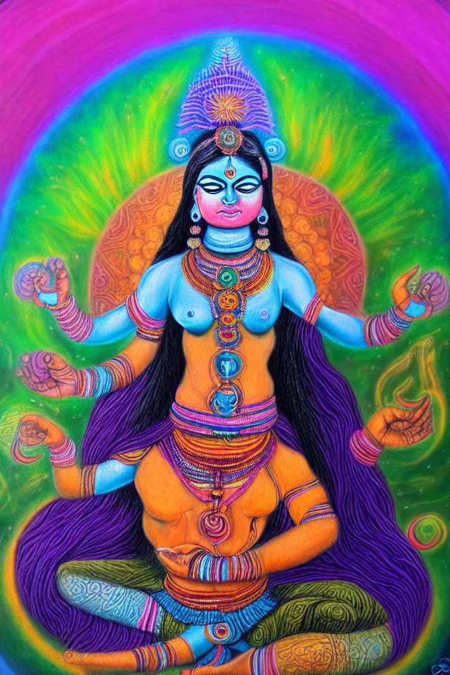 Colorful multi-armed deity with blue skin in radiant circular backdrop