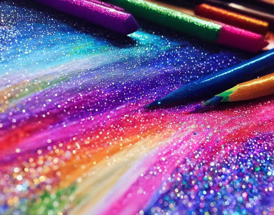 Vibrant glitter-covered pencils on rainbow background