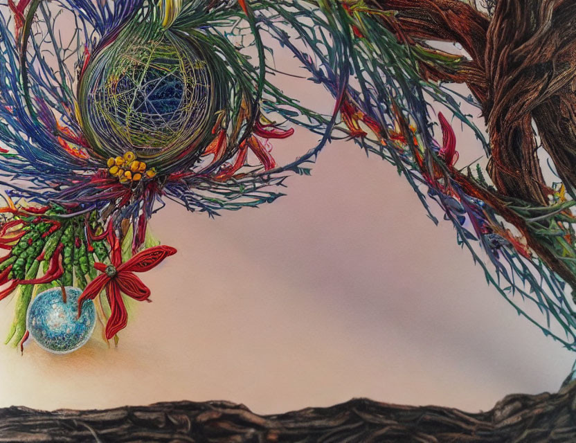 Colorful Fiber Artwork: Intertwined Branches & Nest Structure