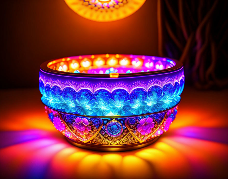 Colorful Decorative Bowl with Intricate Patterns and Warm Glow