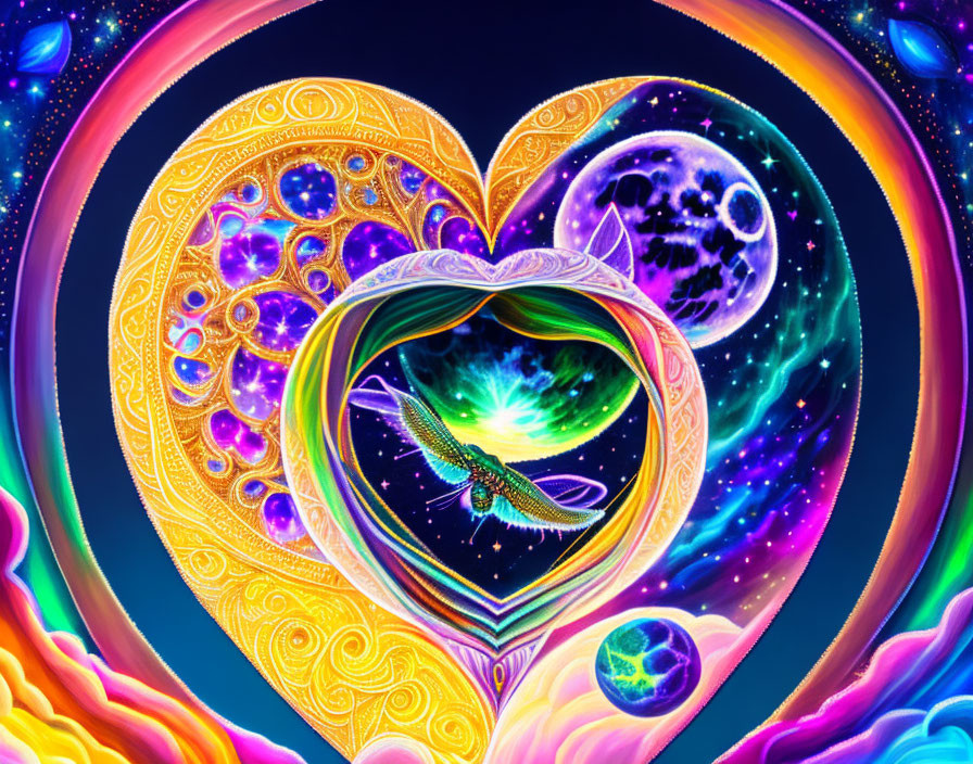 Colorful digital artwork: Heart-shaped frame with cosmic elements and hummingbird in celestial scene