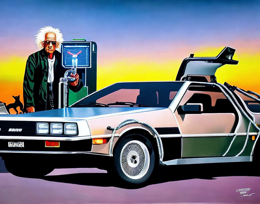 Illustration of man with wild white hair in lab coat next to open gull-wing DeLorean