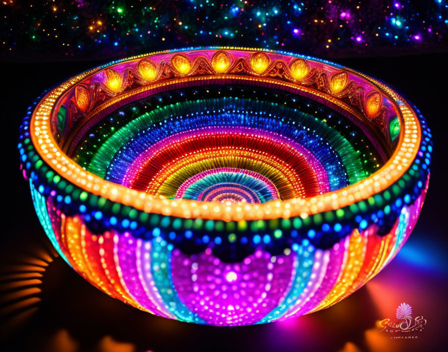 Colorful LED-lit bowl with intricate patterns on dark background