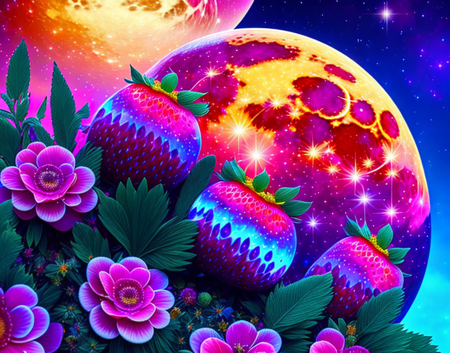 Colorful fantasy artwork: strawberries, flowers, planets, stars