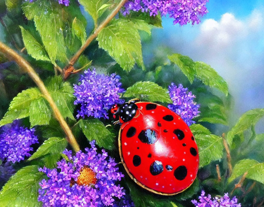 Red ladybug with black spots on green leaves and purple flowers under blue sky.